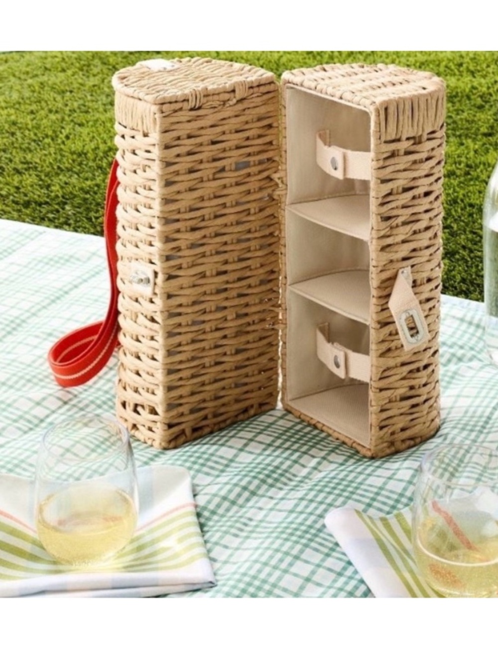 Hearth and Hand Woven Wicker Wine Basket Bottle Carrier Bag Strap & Glasses